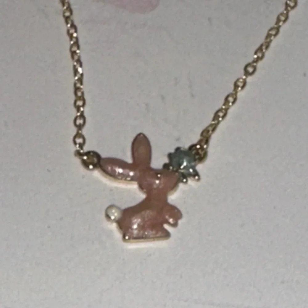 Girl Nation Pink Glitter Bunny Rabbit Necklace 14K Gold Plated Hypoallergenic